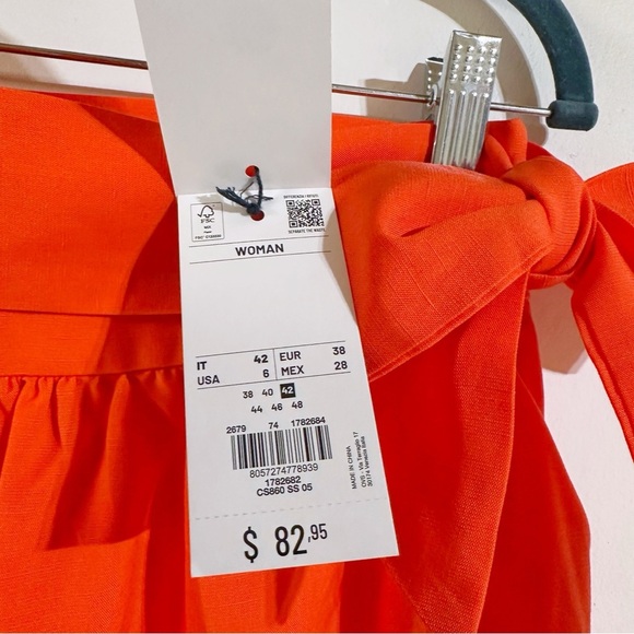 Piombo Linen Bright Orange Midi Skirt With attached Belt Size 6 Side Pocket NWT - Picture 8 of 12